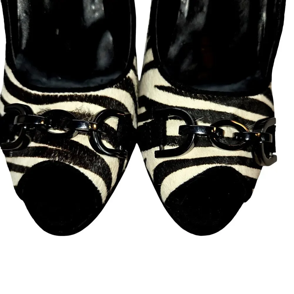 Chico's Shoes 7.5 Zebra Print Buckles Platform Open Toe High Heel Pump Stiletto